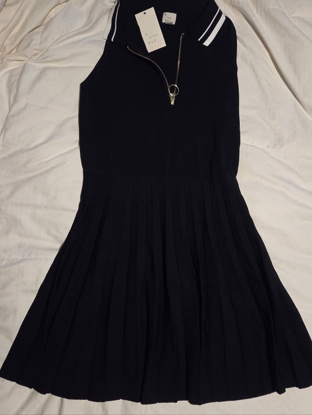 A New Day Sleeveless Black Polo Zip Pleated Knit Dress